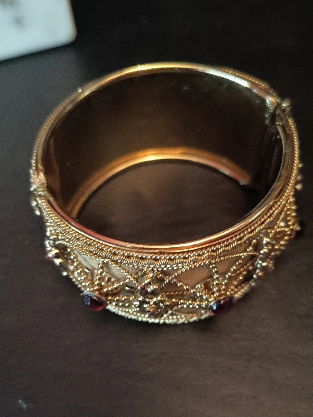 Vinatge Gold Filigree Cuff Bracelet with Red and Purple Gem Accents